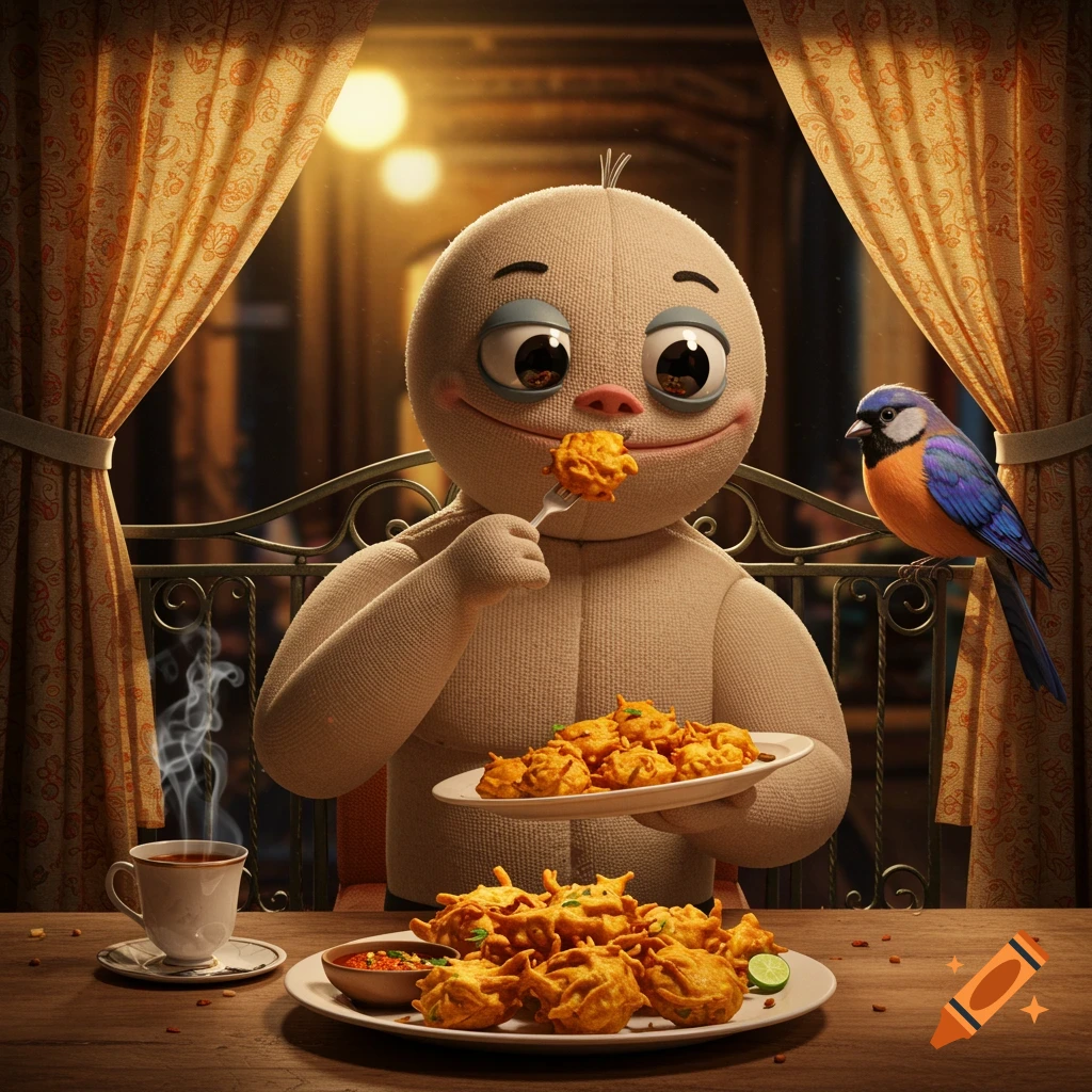 A cute fabric doll-like character sits at a table eating pakora with a fork, while a blue and orange bird watches from a railing. Steaming tea is on the table, and curtains frame the background.