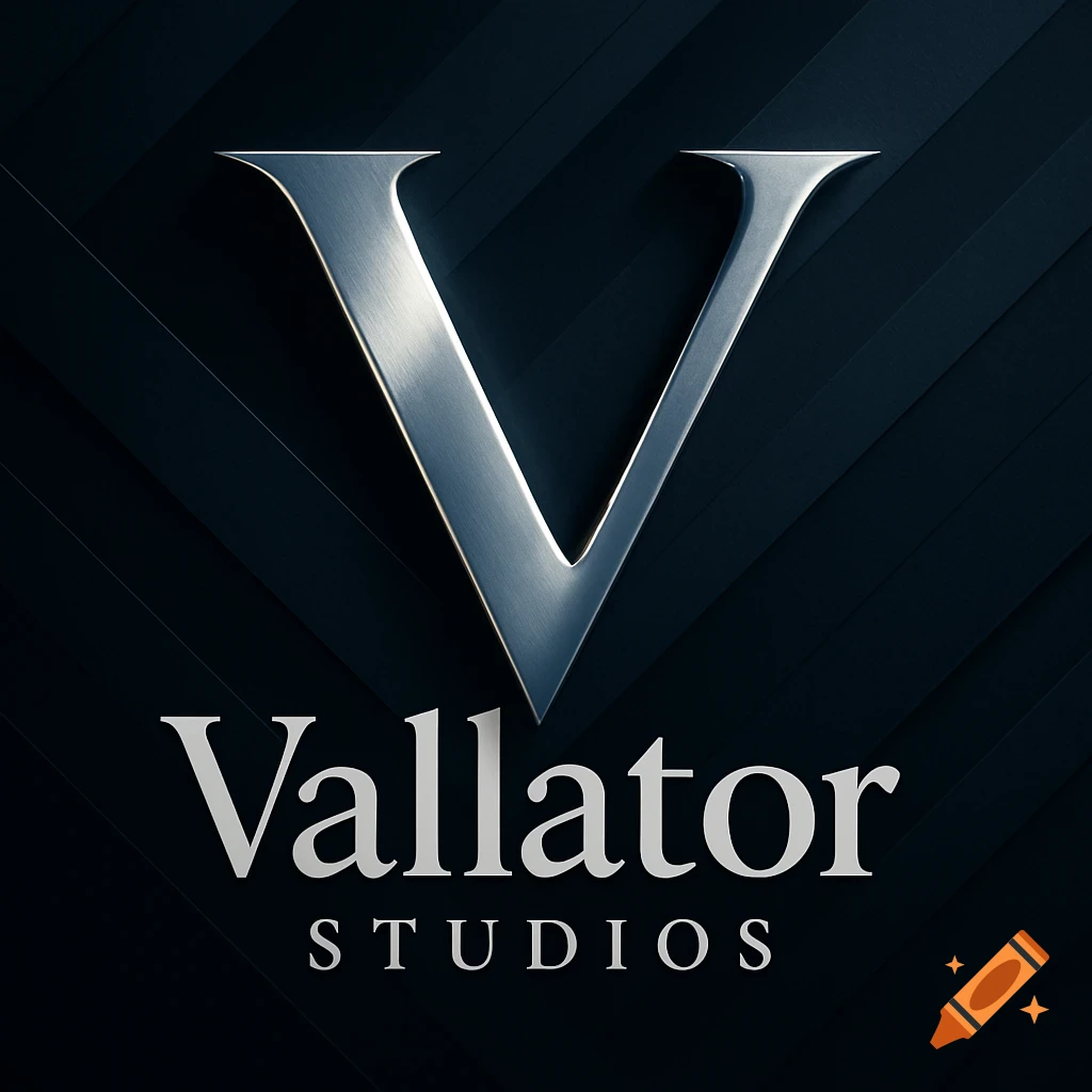 Metallic silver letter V logo with 'Vallator Studios' text below on a dark textured background.