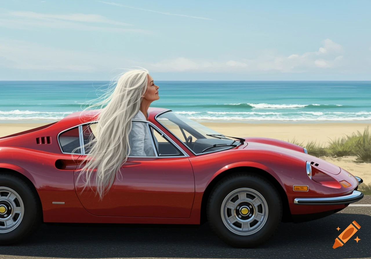 An older woman with long white hair in a red classic car on a beach road, ocean in background.