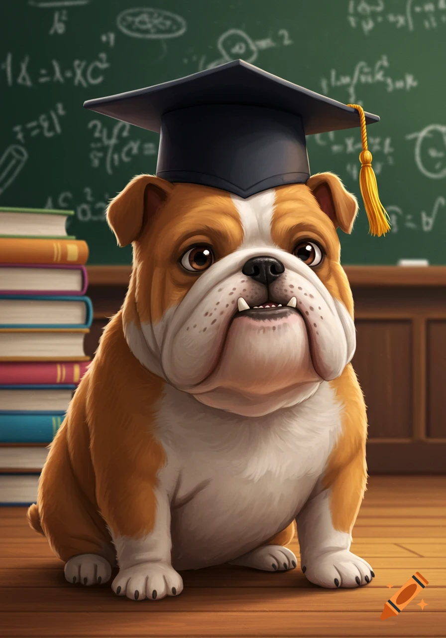 A cute cartoon bulldog wearing a black graduation cap sits on a wooden floor in front of a chalkboard and books.