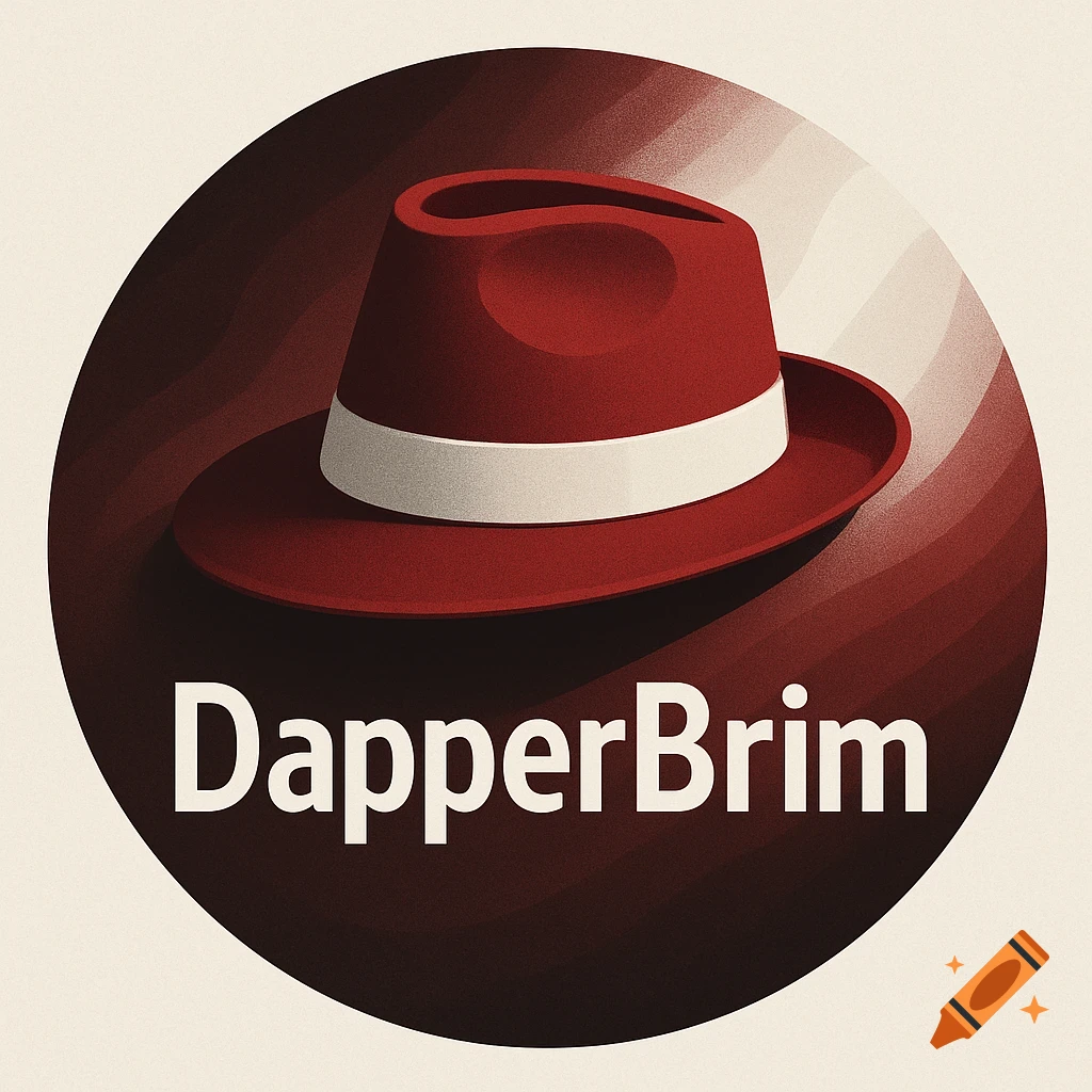 A red fedora hat with a white band in a circular logo with the text 'DapperBrim' below it.
