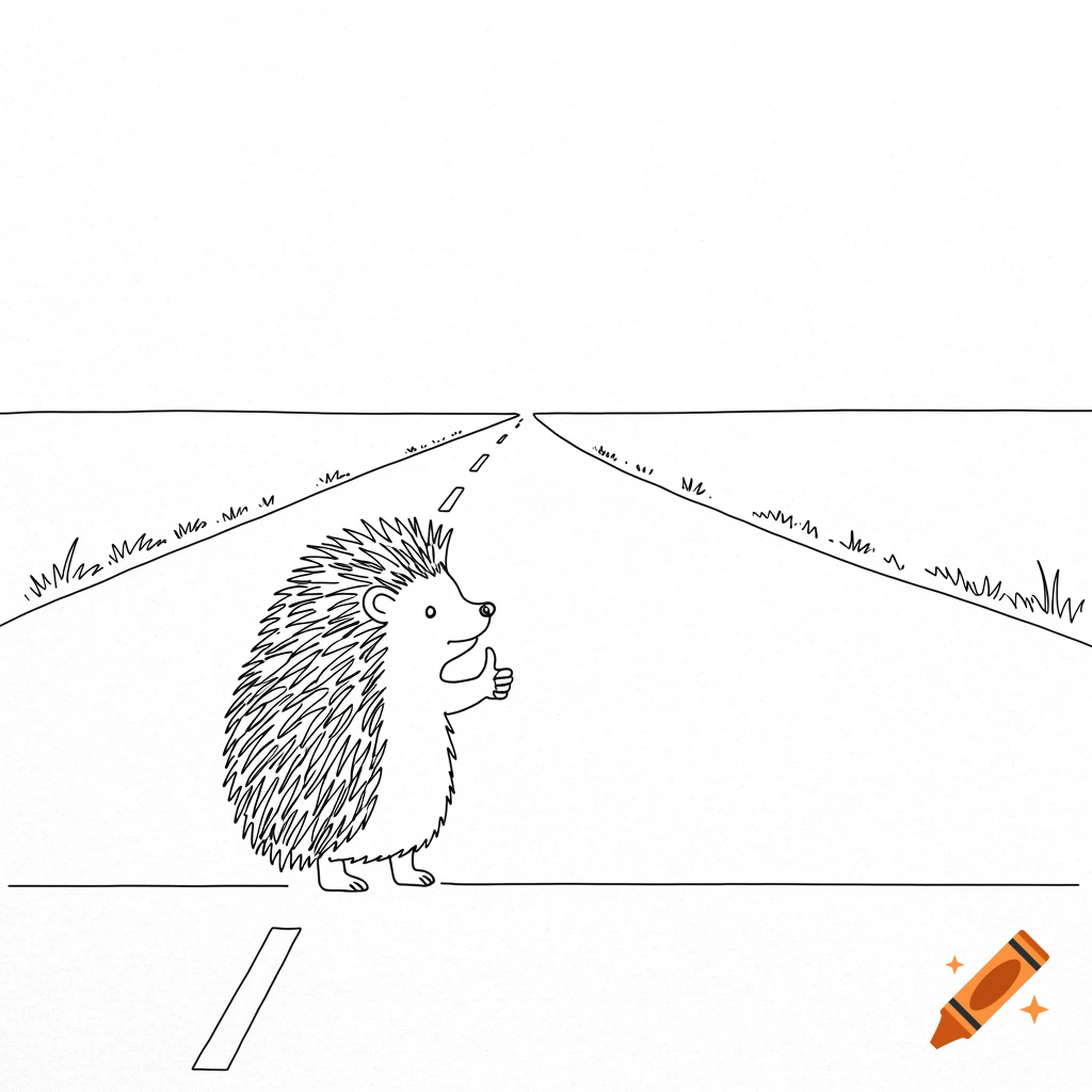 A black and white minimalist line drawing of a hedgehog standing on a road with a thumb raised as if hitchhiking.