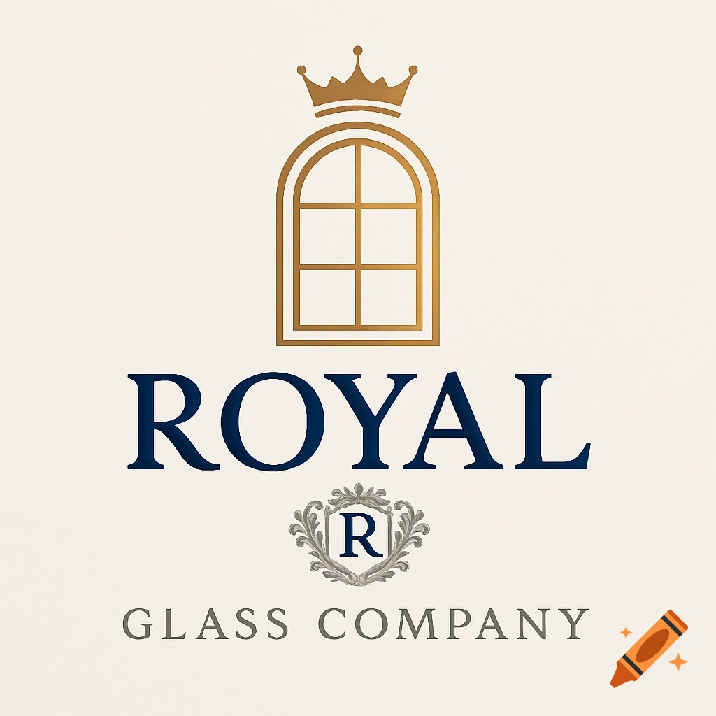 A logo for Royal Glass Company featuring a gold crown above an arched window, with 'ROYAL' in blue, and 'GLASS COMPANY' in gray, separated by a crest with an 'R'.
