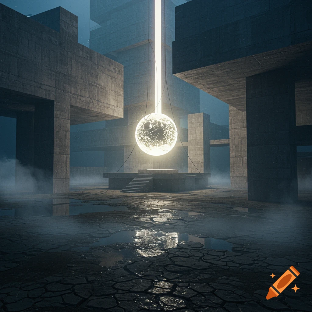 A surreal brutalist scene featuring large concrete structures, cracked ground with puddles, and a glowing, detailed sphere emitting a bright light from above.