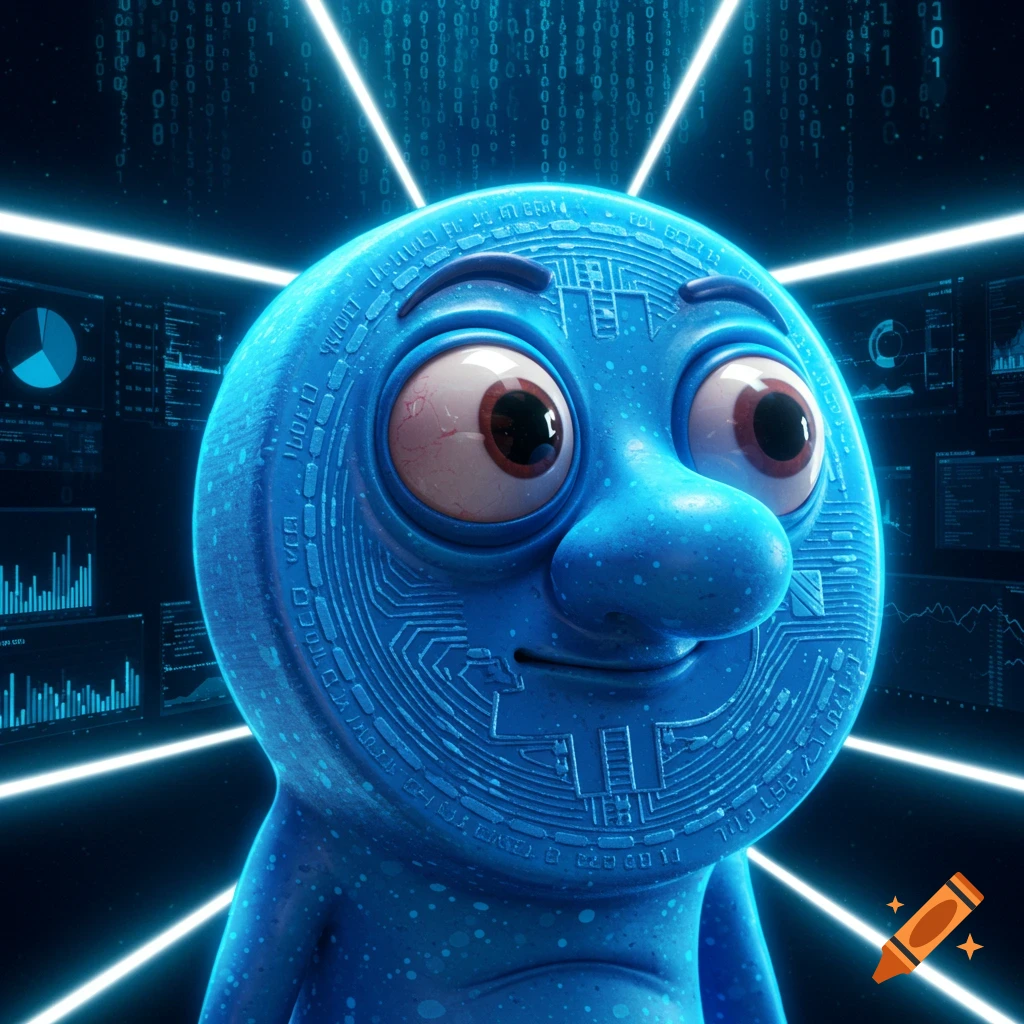 A blue cartoon character resembling a bitcoin, with large eyes and a big nose, against a background of glowing blue digital data and graphs.