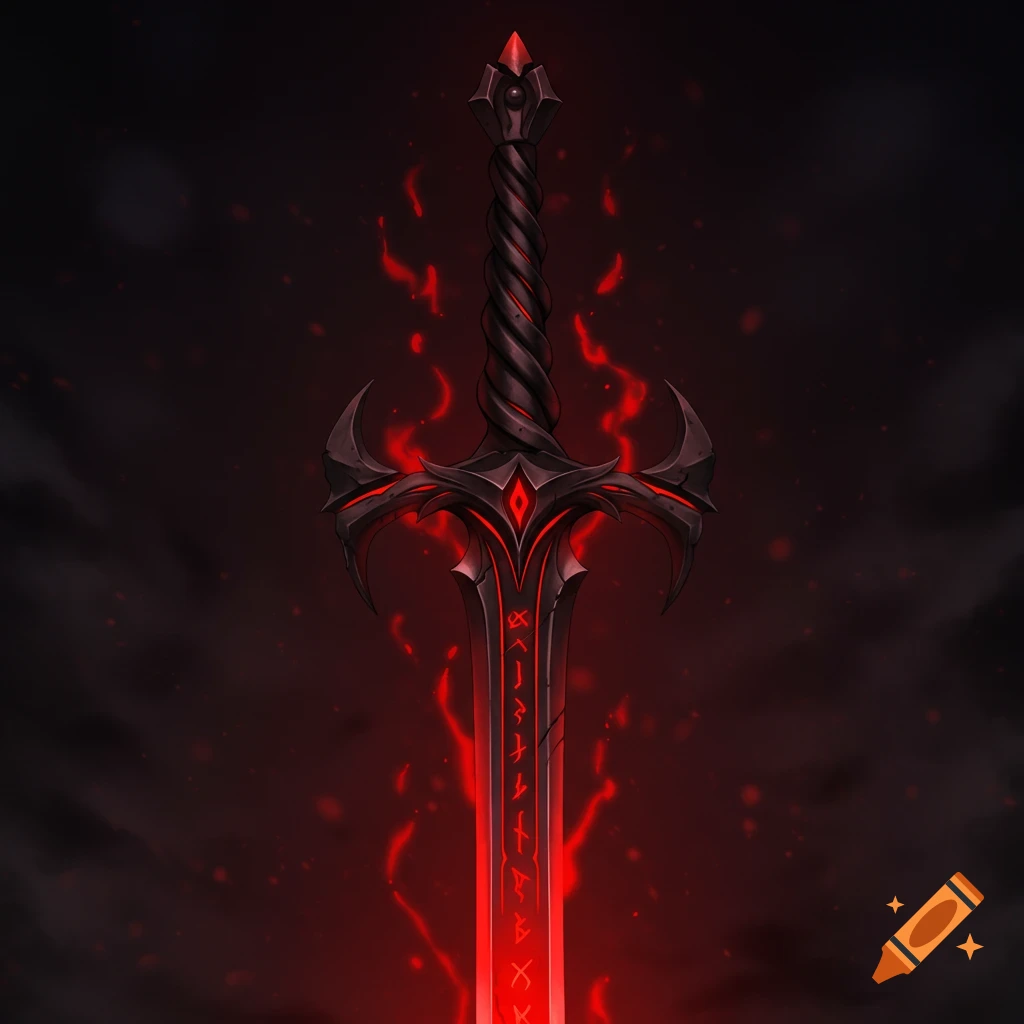 A dark, gothic-style sword with a twisted hilt and glowing red runes on its blade, emitting a fiery red aura.