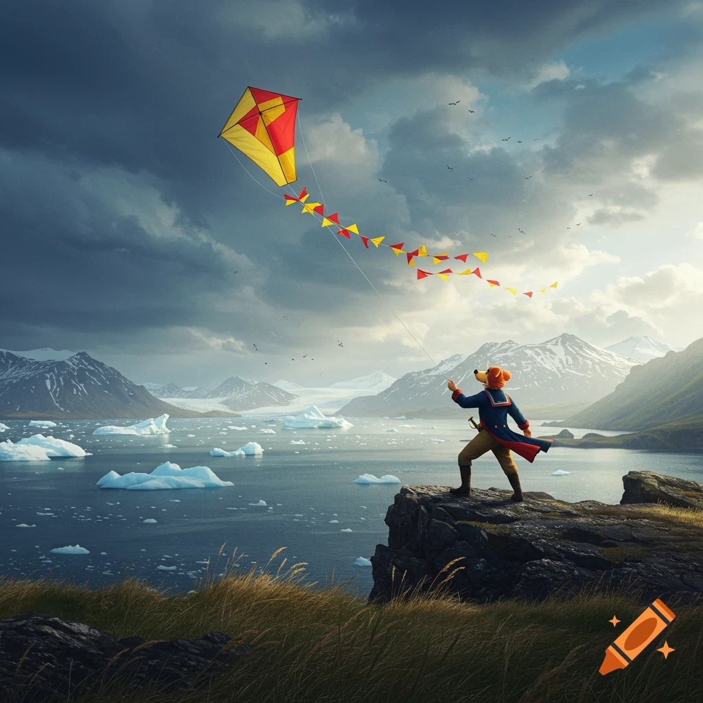 An anthropomorphic dog-like character in a blue coat stands on a cliff, flying a red and yellow kite over an icy lake surrounded by snow-capped mountains.