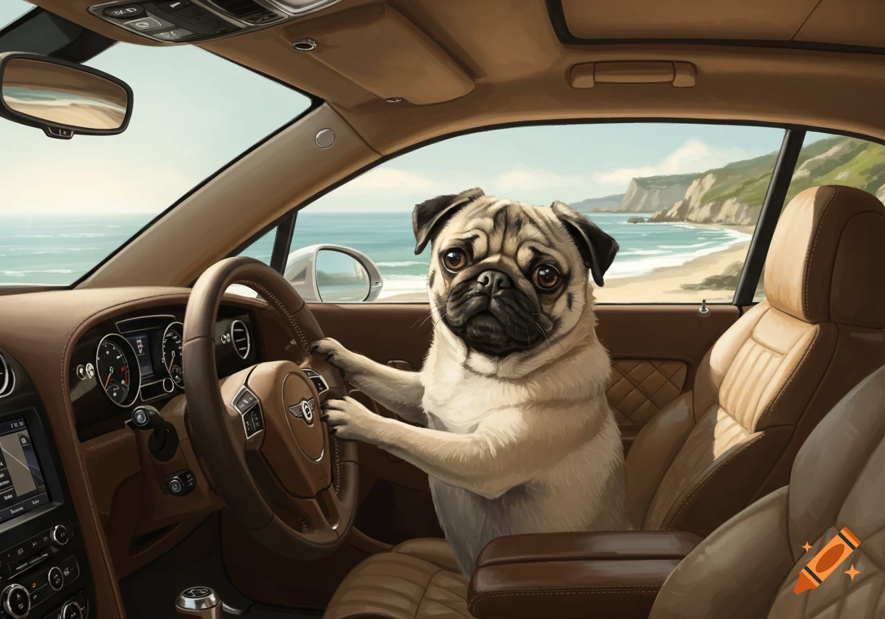 A photorealistic image of a pug dog sitting behind the steering wheel of a luxurious brown leather Bentley, parked facing a sunny beach with cliffs in the background.