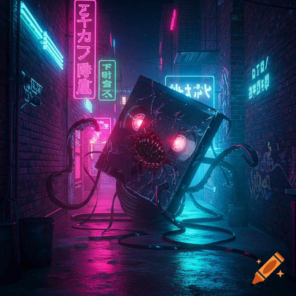 A monstrous VHS tape with glowing red eyes and fangs, with black tentacles, in a dark, neon-lit cyberpunk alley.