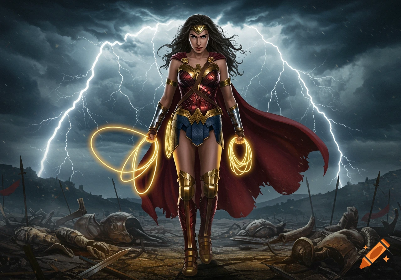 Wonder Woman stands heroically in her armored suit, holding her Lasso of Truth, amidst a stormy sky with lightning and a battlefield.