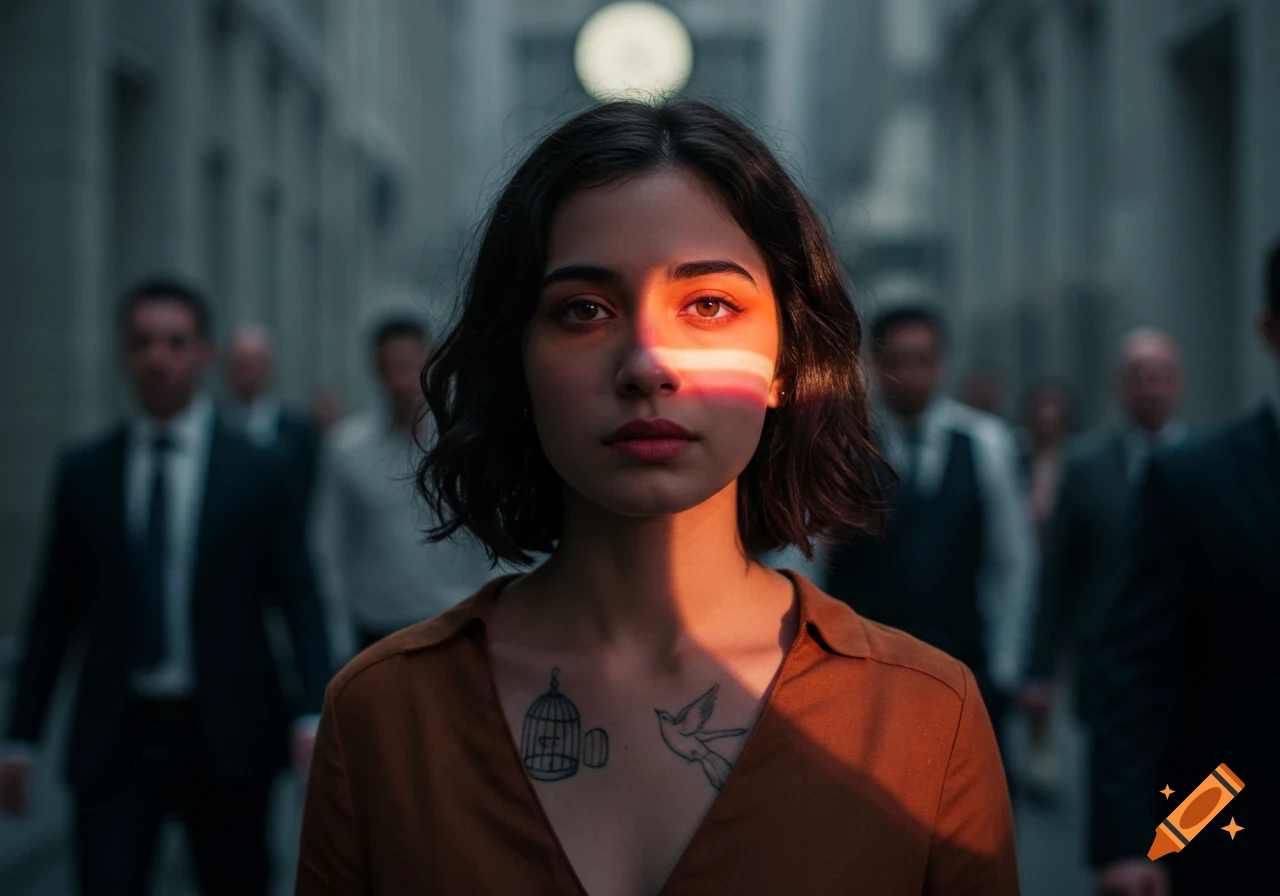 Photorealistic portrait of a woman with a colorful light stripe on her face and a bird tattoo, standing still in a blurry, gray city street with moving crowds.