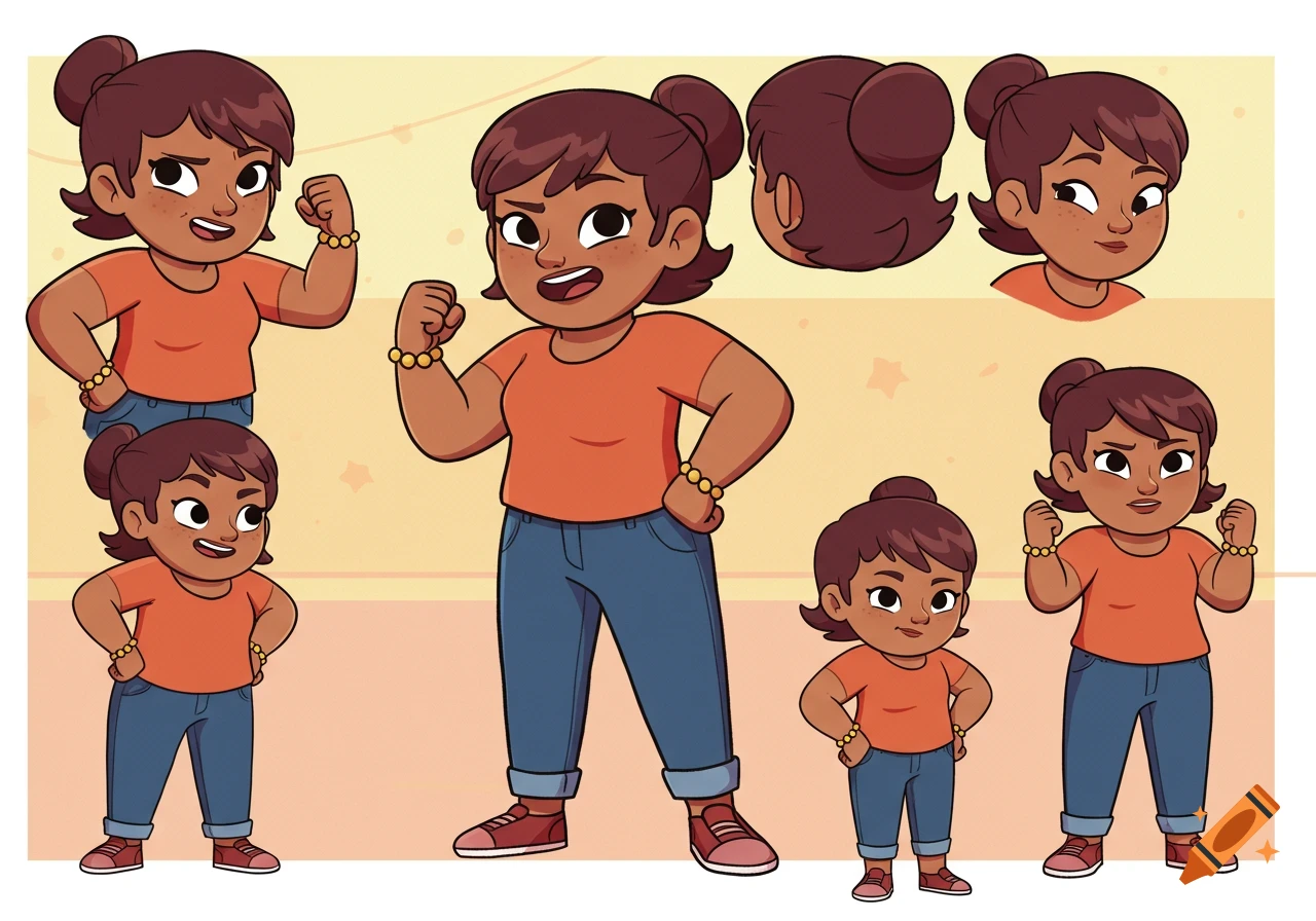 A cartoon model sheet featuring a brown-skinned woman with dark hair in a bun, wearing an orange shirt and blue jeans, shown in various poses including flexing her arm.