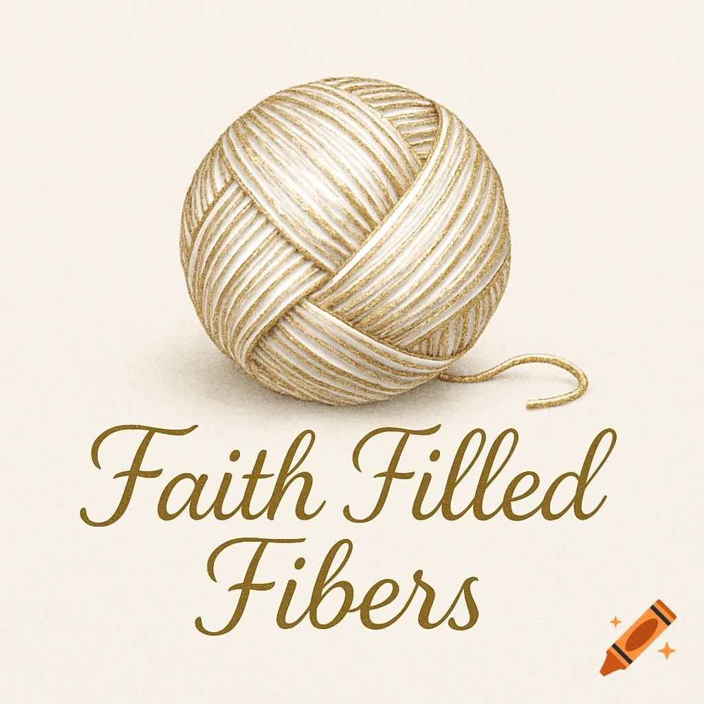 An elegant white and gold ball of yarn with 'Faith Filled Fibers' written below it, designed as a business logo.