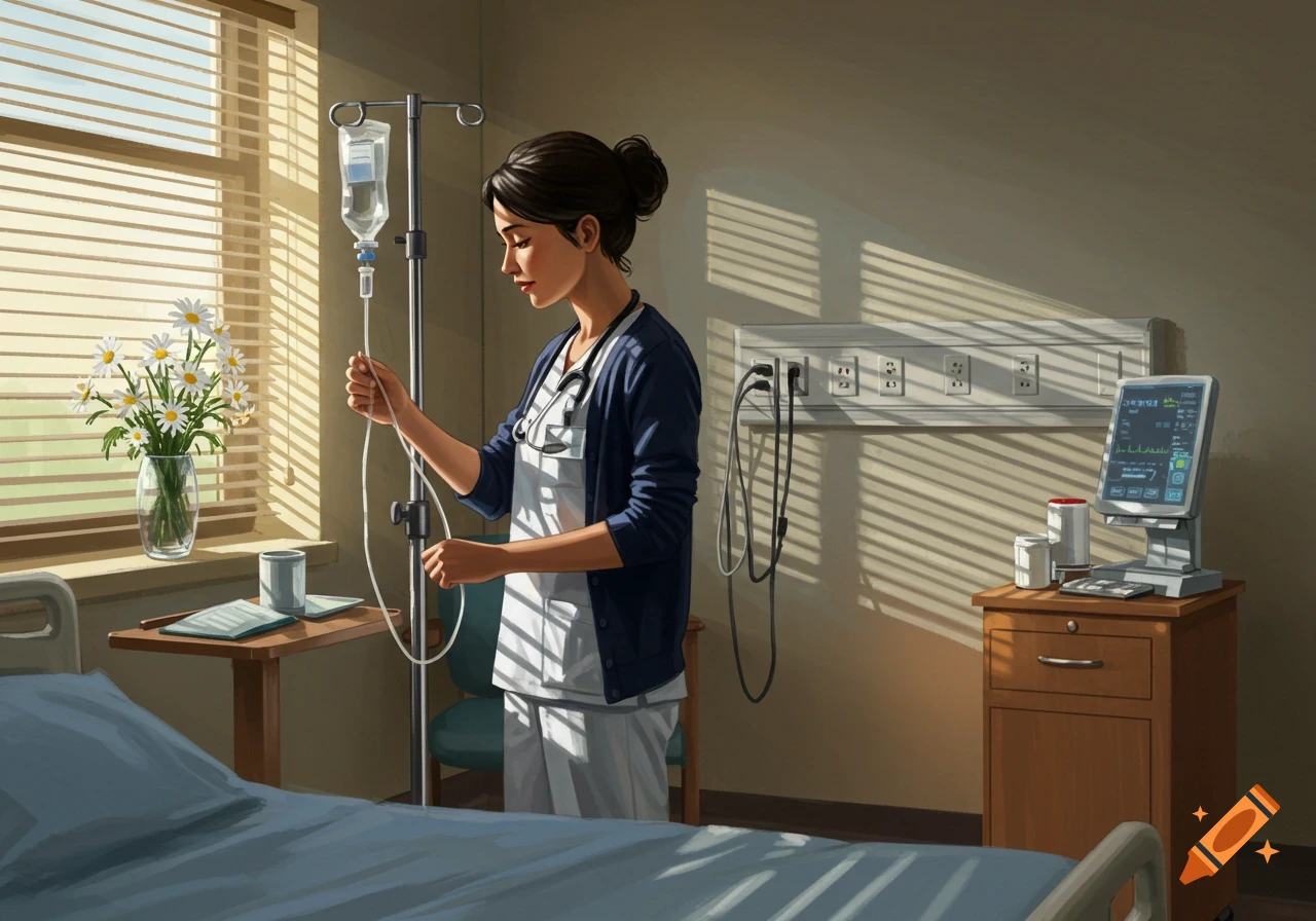 A nurse adjusts an IV drip in a sunny hospital room with a bed, medical monitor, and a vase of daisies.