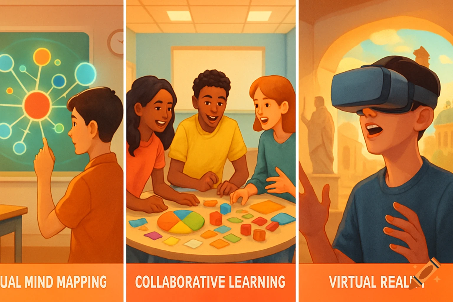 A three-panel illustration shows children engaged in learning activities: virtual mind mapping, collaborative learning, and virtual reality.