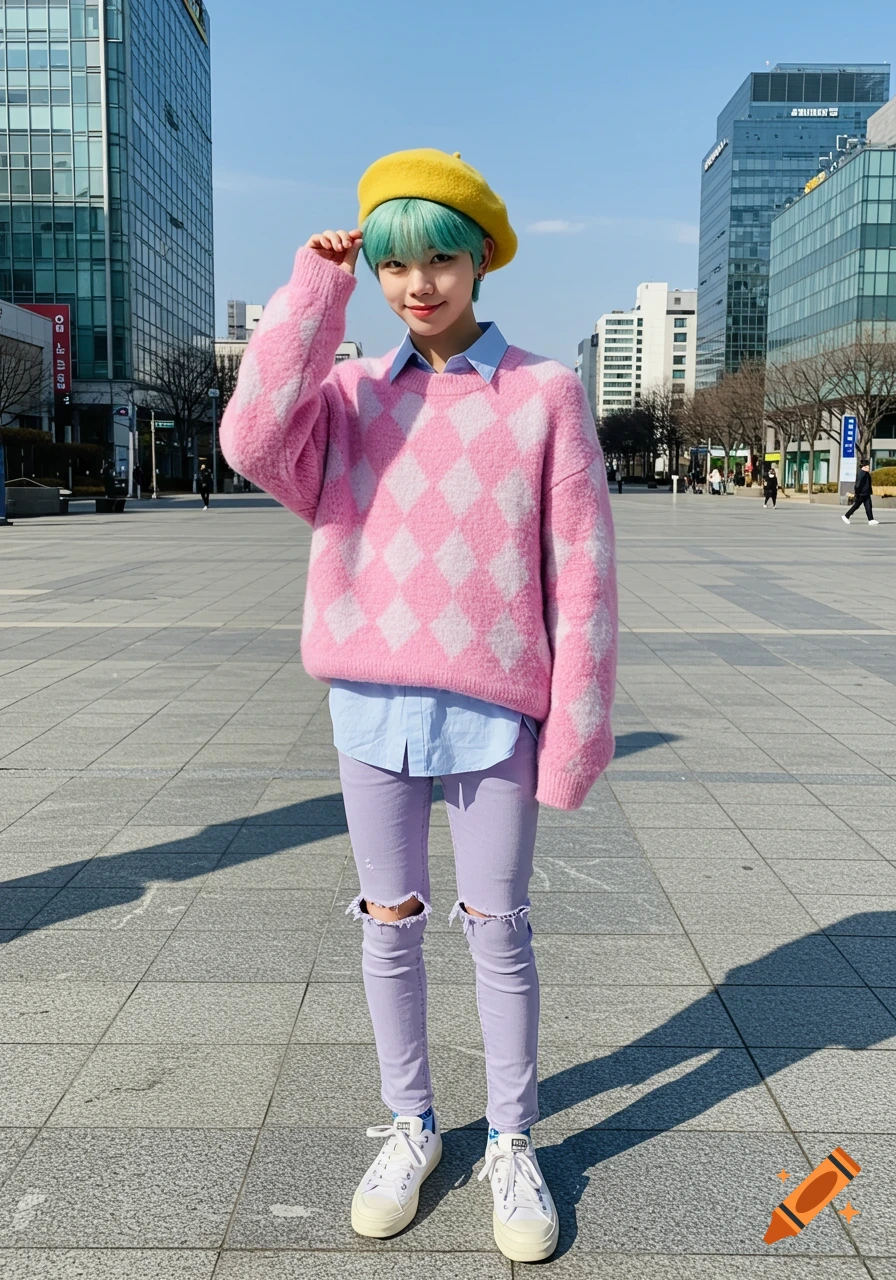 A young person with mint blue hair and a yellow beret smiles in a pink argyle sweater, lavender ripped jeans, and white sneakers in a sunny city square.