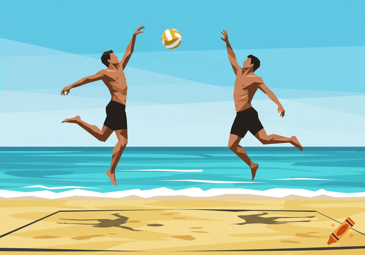 Two stylized men play beach volleyball on a sunny day.