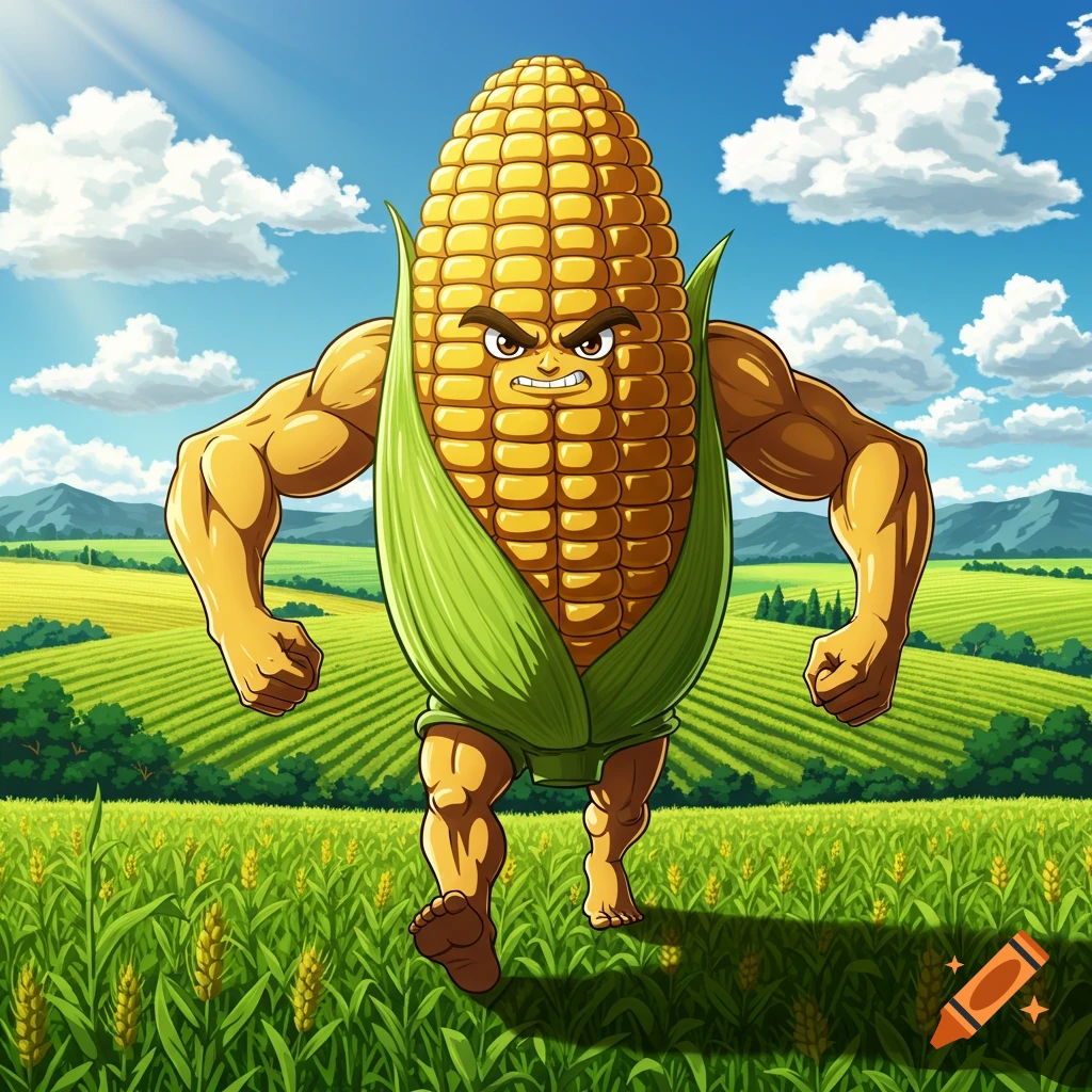 A muscular, angry corn cob with arms and legs runs through a green field under a blue sky.