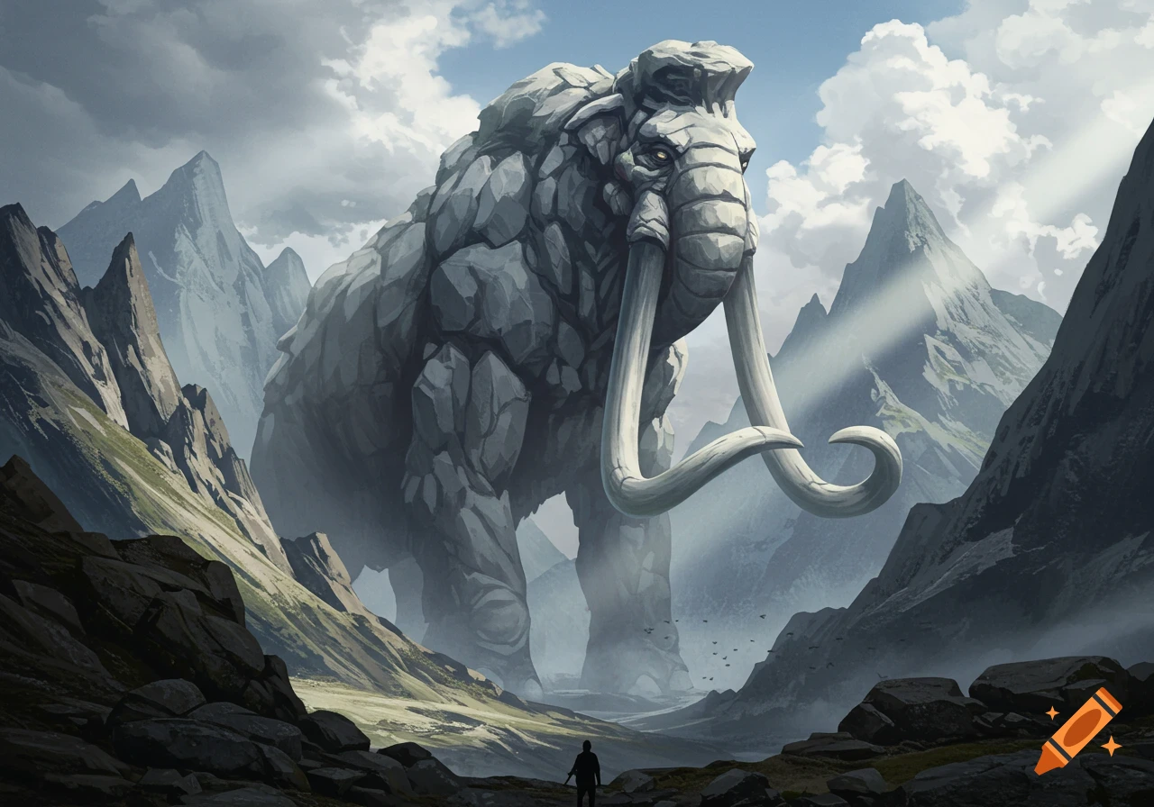 A giant, grey, rock-like mammoth monster stands in a valley between jagged mountains, with a tiny human figure below.