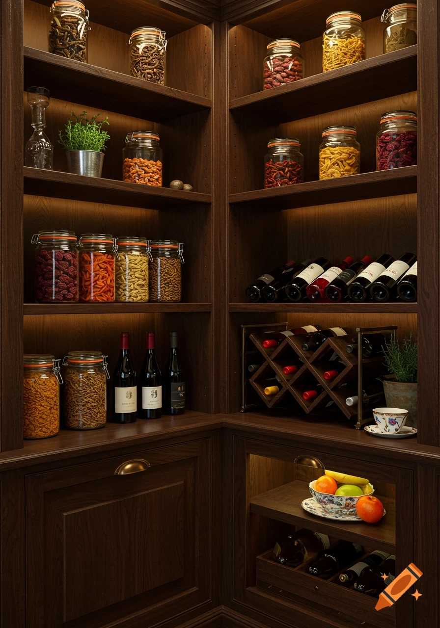 A luxurious dark wood pantry filled with glass jars of food, wine bottles, a wine rack, and a bowl of fruit. Photorealistic.