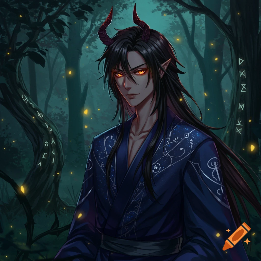 Anime portrait of a male demon with black hair, glowing orange eyes, and red horns, wearing a blue robe in a dark, mystical forest.