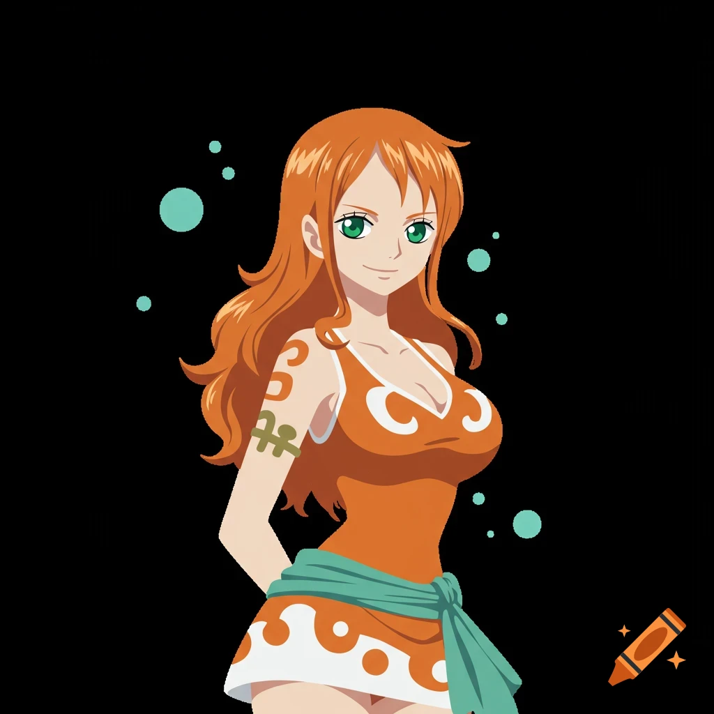 Anime character Nami with long orange hair, green eyes, and arm tattoo, wearing an orange top and matching skirt.