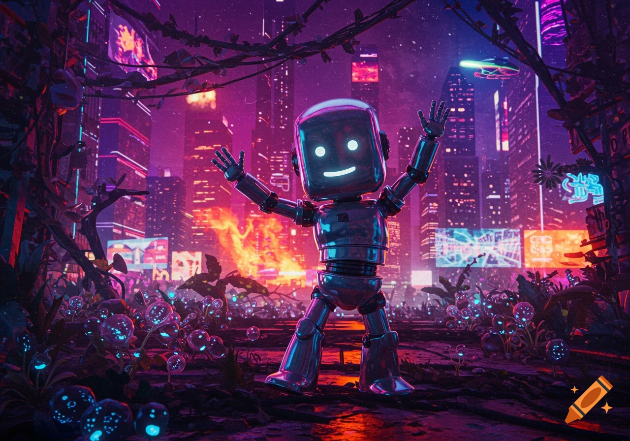 A happy, shiny robot stands with arms raised in a vibrant neon-lit cyberpunk city with glowing plants.
