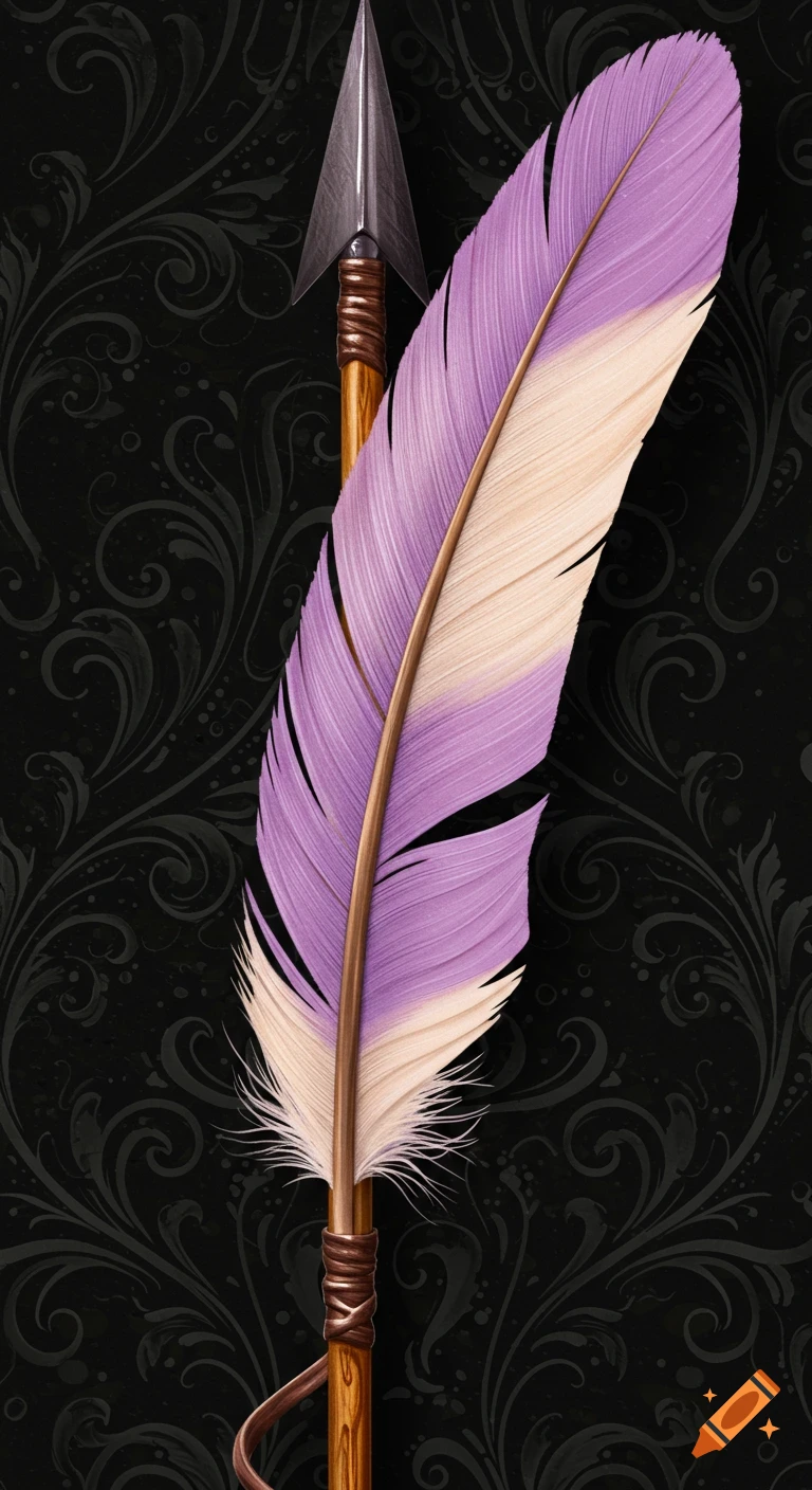 A hyperrealistic illustration of a lilac and cream feather on an arrow, set against a dark botanical pattern.