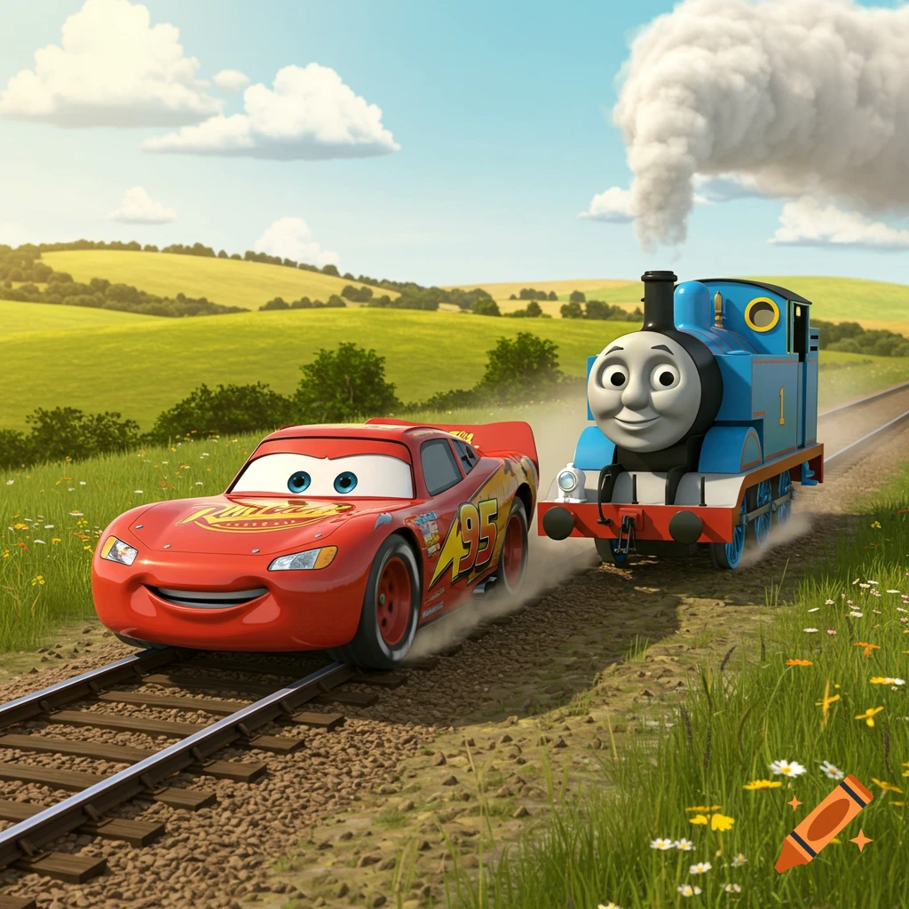 Lightning McQueen races Thomas the Tank Engine on railroad tracks through a green, hilly countryside under a blue sky in a vibrant animated style.