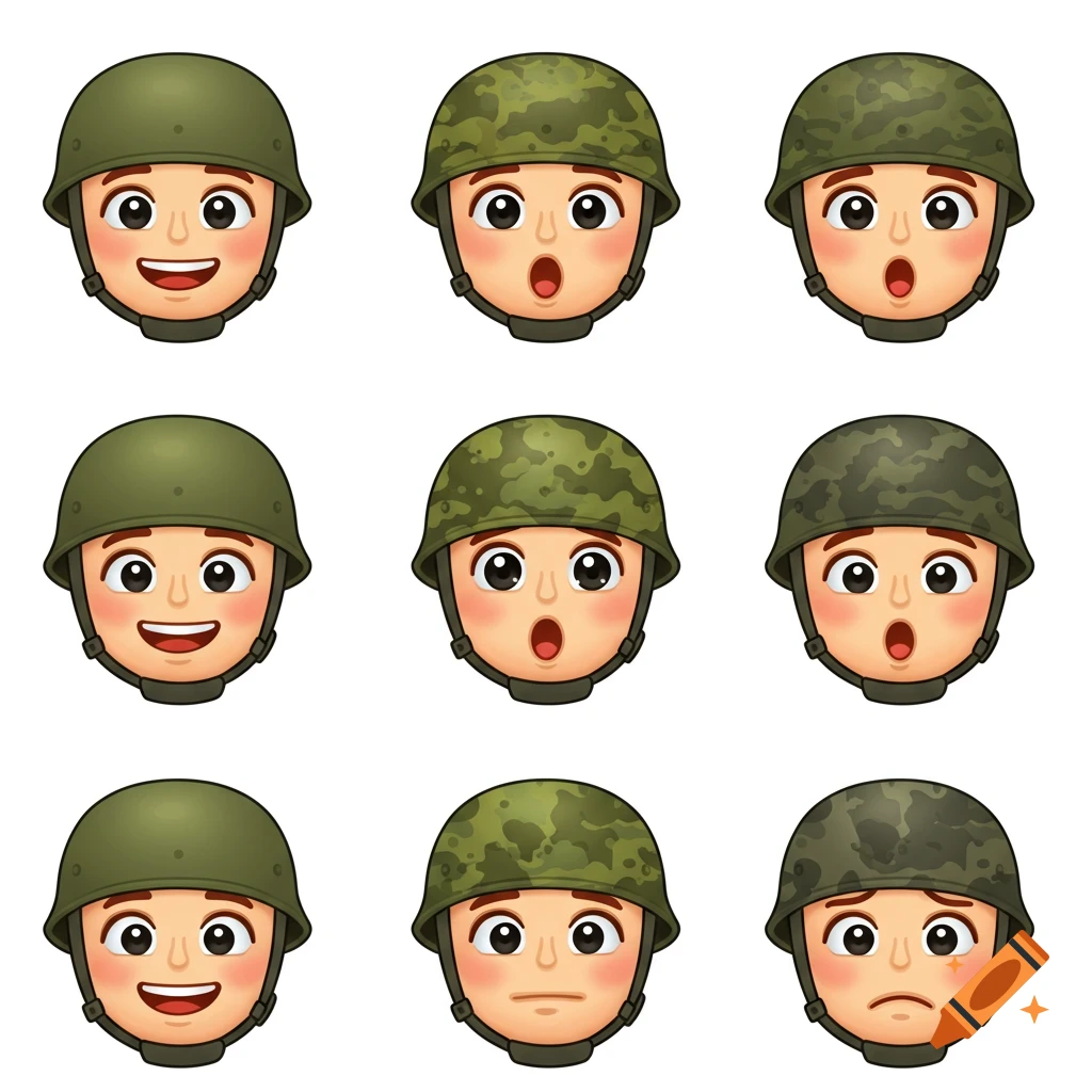 Nine emoji-style faces with military helmets showing different emotions like happiness, surprise, and sadness.