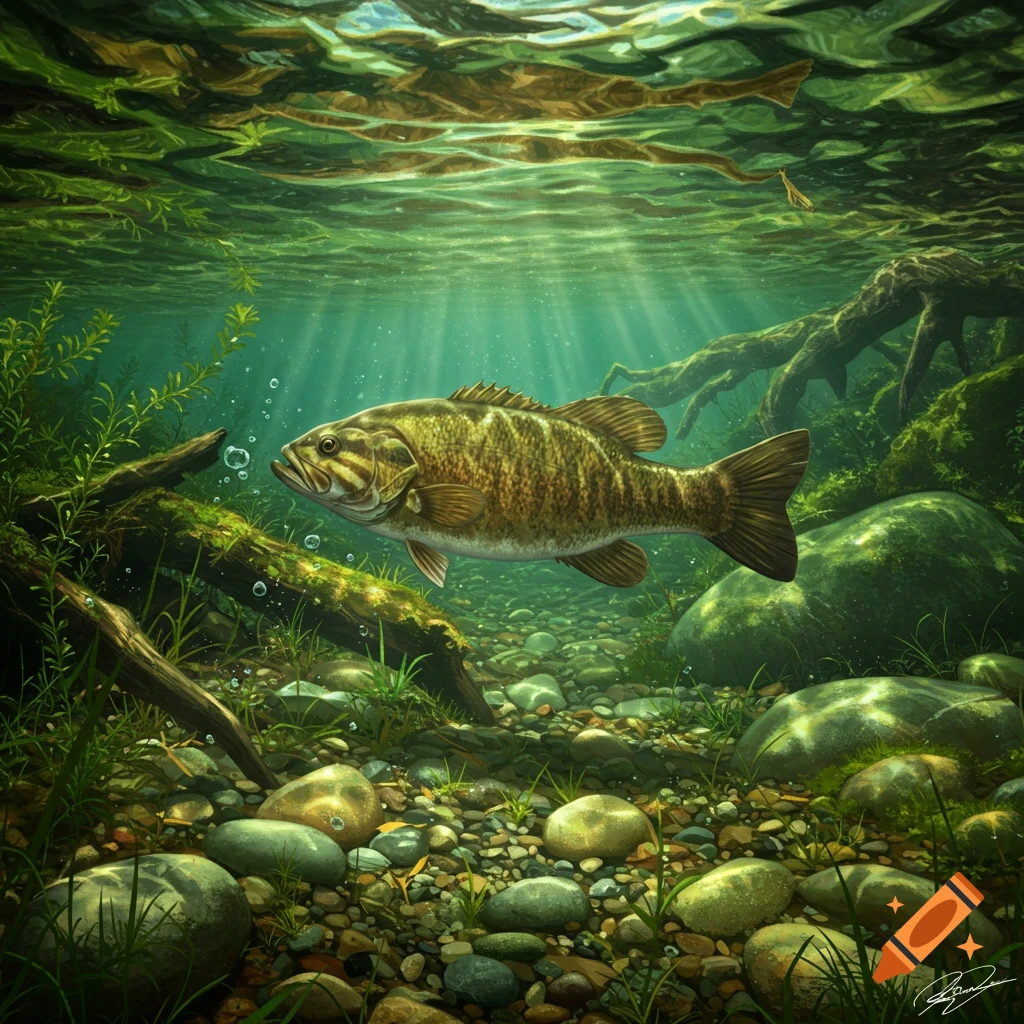 A realistic illustration of a smallmouth bass swimming in clear water over a rocky riverbed, with sunlight filtering from above.