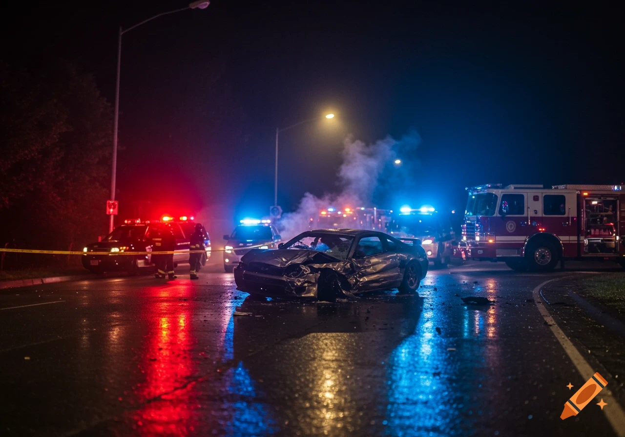 A wrecked car at night surrounded by police cars and a firetruck with flashing red and blue lights, reflecting on the wet asphalt.