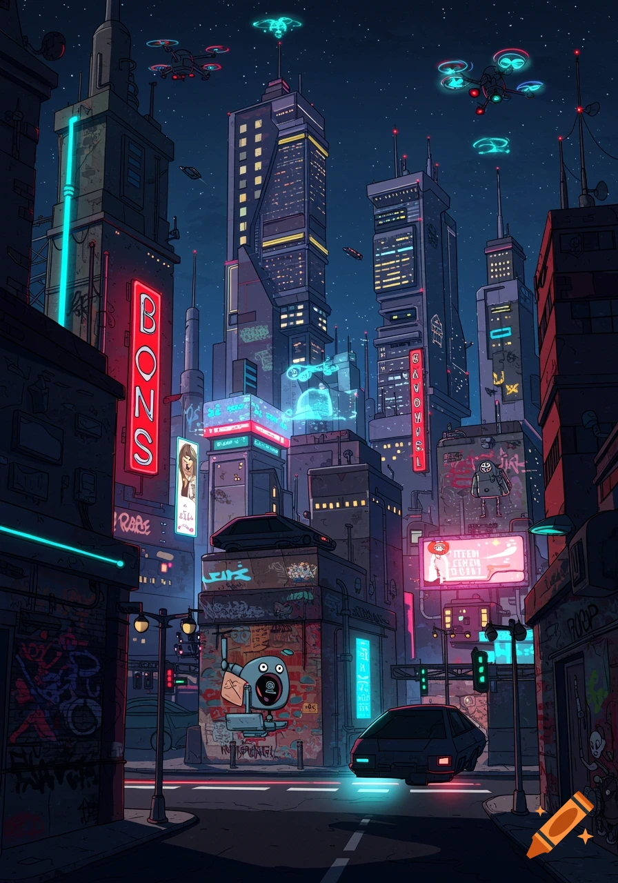 A vibrant, cartoon-style futuristic city at night, with towering skyscrapers, neon signs, flying vehicles, and drones under a star-filled sky.