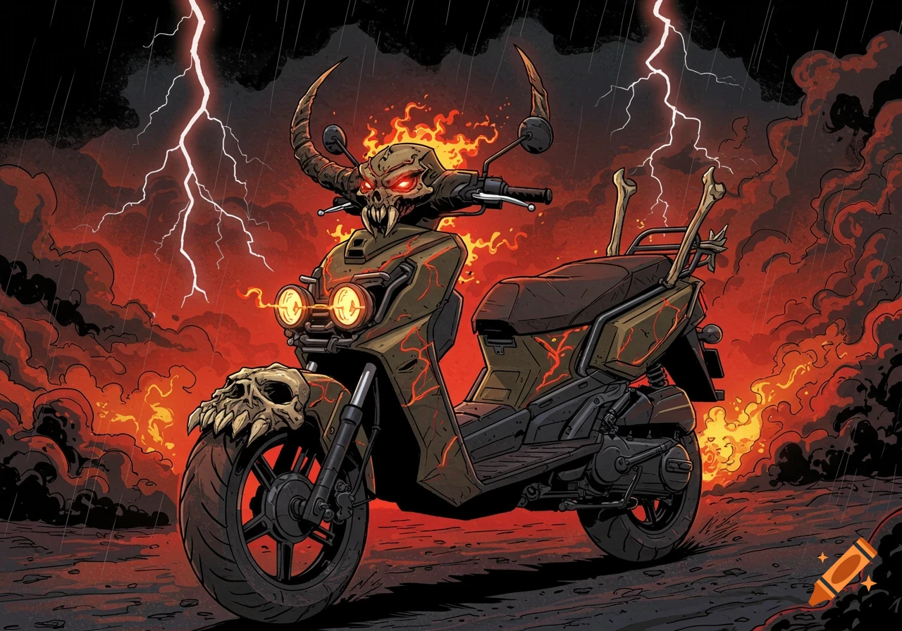 A comic book style illustration of a demonic-looking scooter with a skull face, horns, and bone accents, surrounded by fire and lightning.