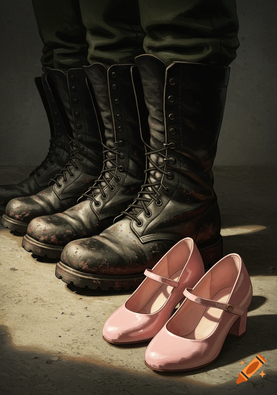 Three pairs of worn military boots lined up on a concrete floor next to a pair of small pink high heels.