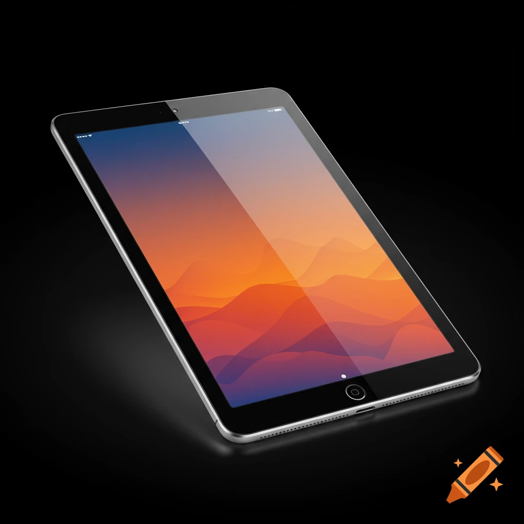 A black tablet with a silver edge, displaying an abstract orange and blue wallpaper on a dark background.