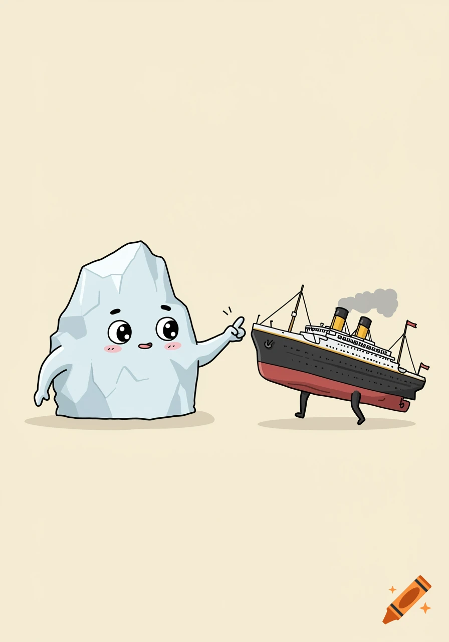 A cute cartoon iceberg points its pinky finger at a walking cartoon Titanic ship on a plain background.