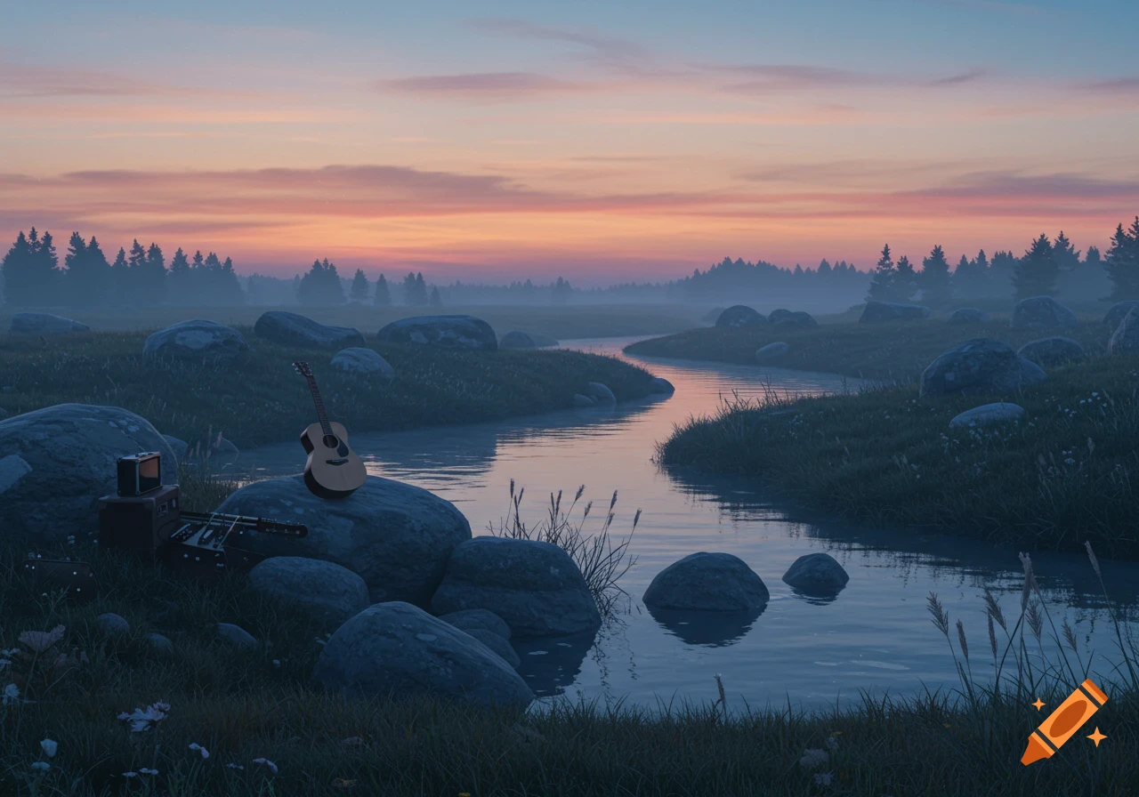 A calm river winding through a grassy, rocky landscape at sunset, with a guitar and amplifier on a large rock.