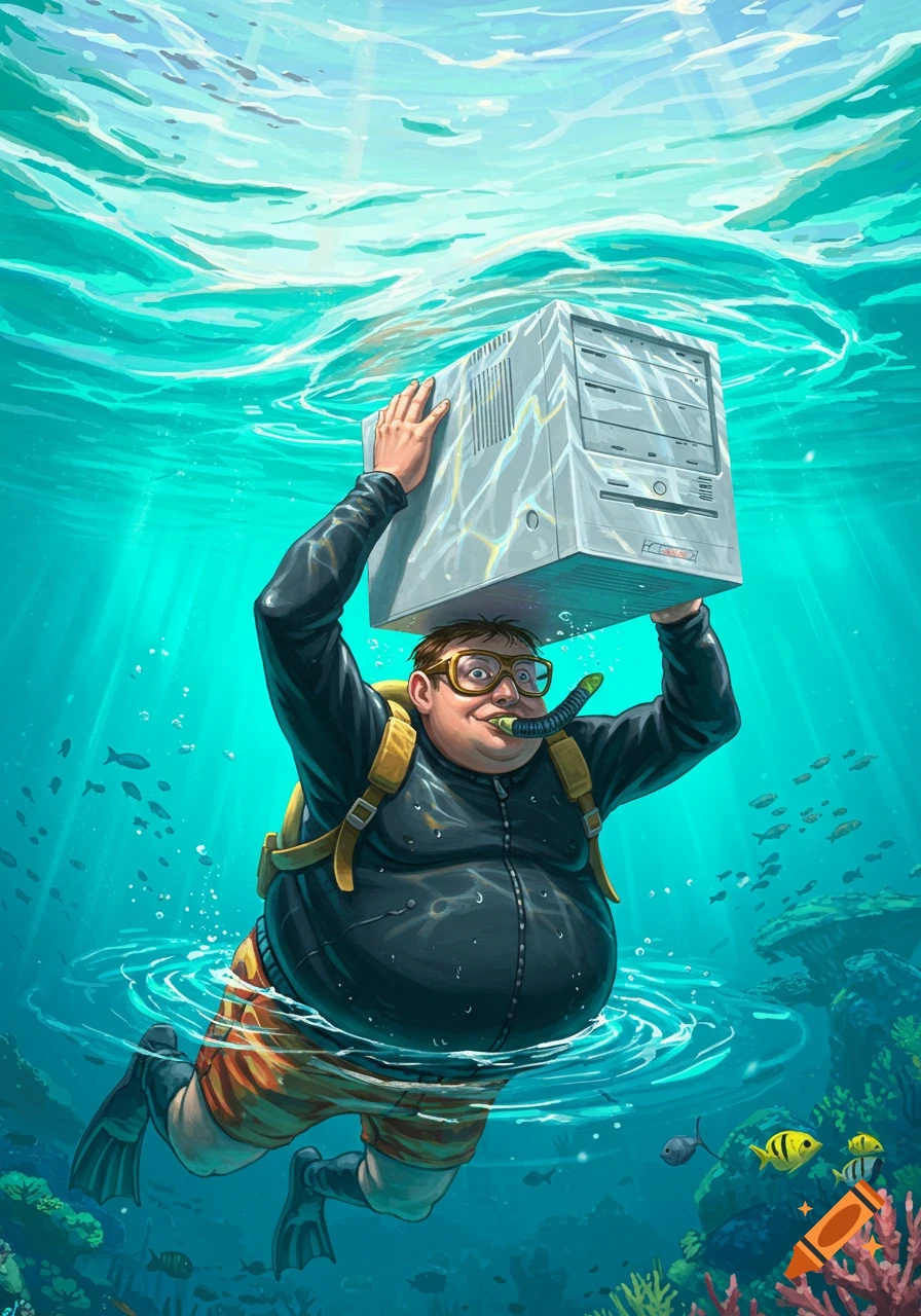 A cartoonish illustration of a plump man in a wetsuit, snorkel, and flippers swimming underwater, holding a retro desktop computer above his head.
