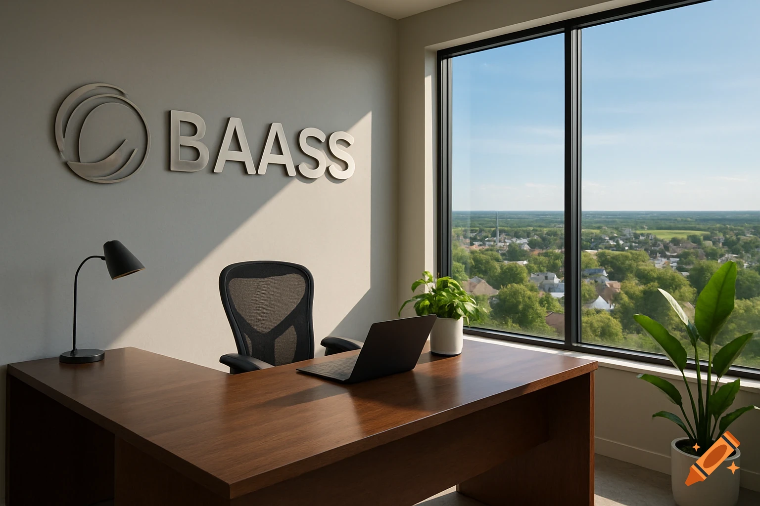 Photorealistic image of a professional office with a wooden desk, chair, laptop, and plants, looking out a large window at a city landscape.