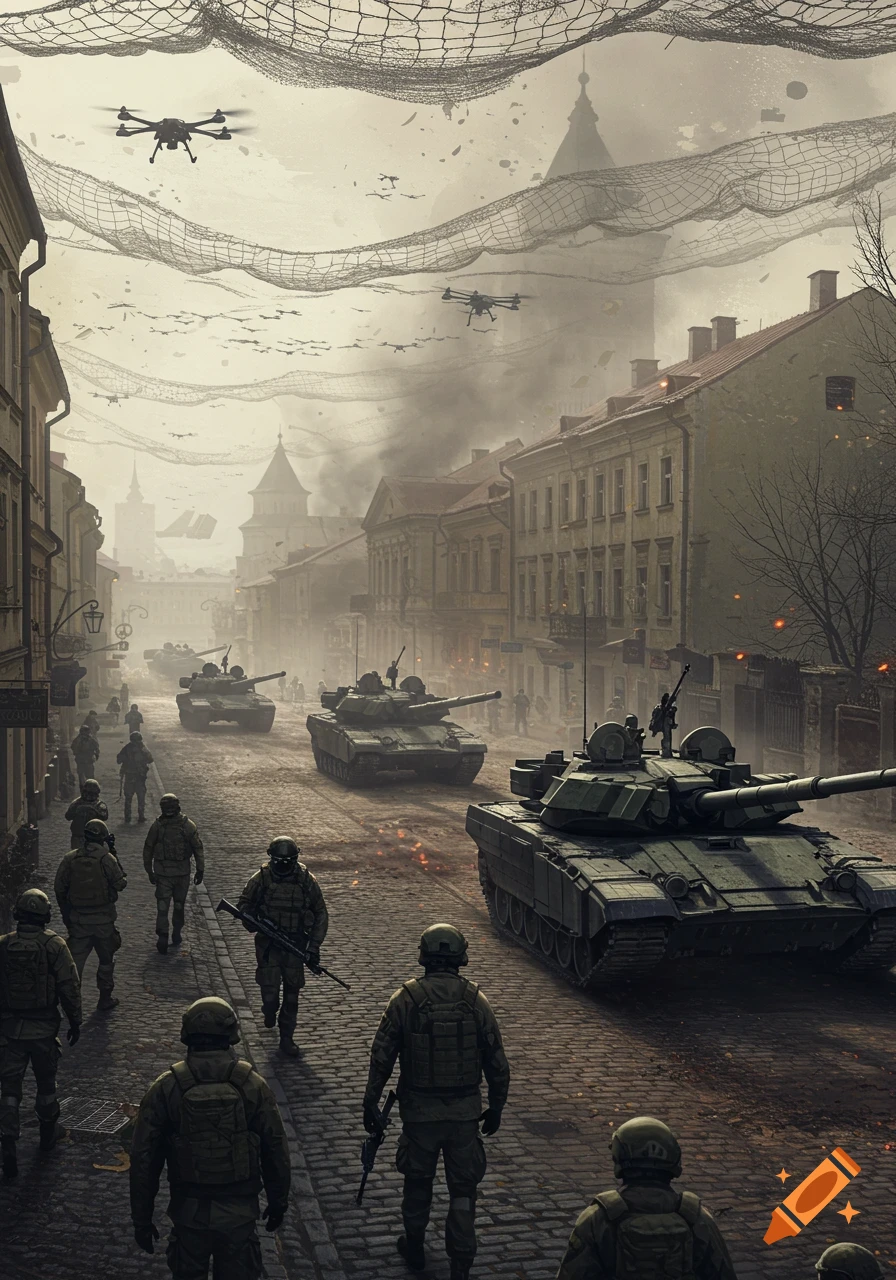 Photorealistic image of soldiers and tanks marching down a war-torn, hazy city street in Ukraine with drone netting overhead.