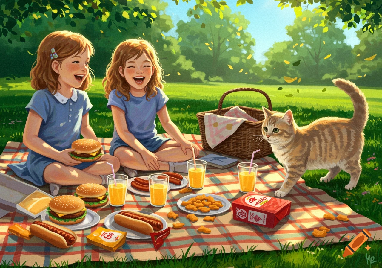 Two laughing young girls and an orange tabby cat enjoy a picnic with burgers, hot dogs, juice, and snacks on a plaid blanket in a sunny park.
