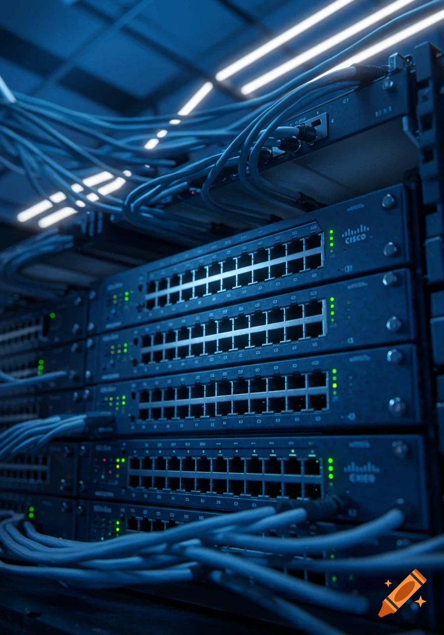A close-up, low-angle shot of multiple Cisco network switches with green lights and blue cables in a data center, bathed in blue light.