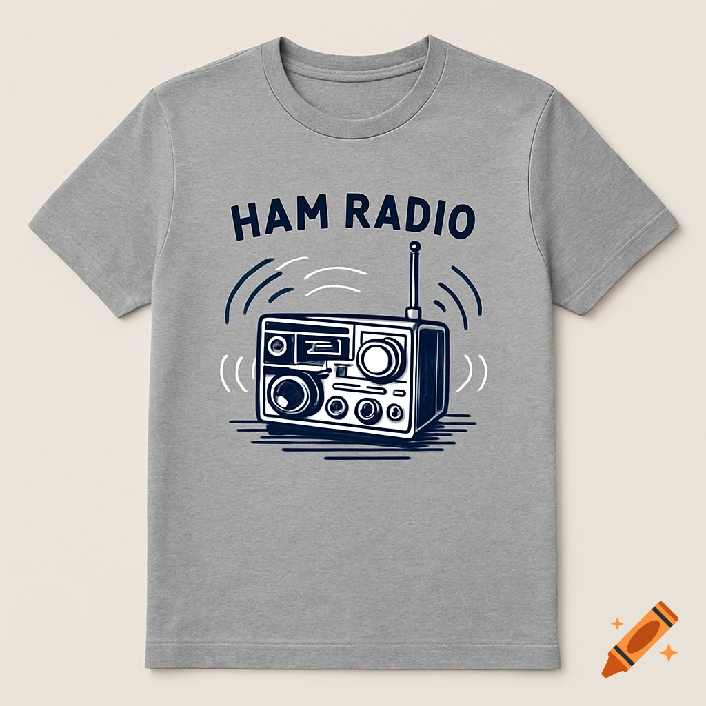 A gray t-shirt with a graphic of an old-fashioned radio and the text HAM RADIO in black.