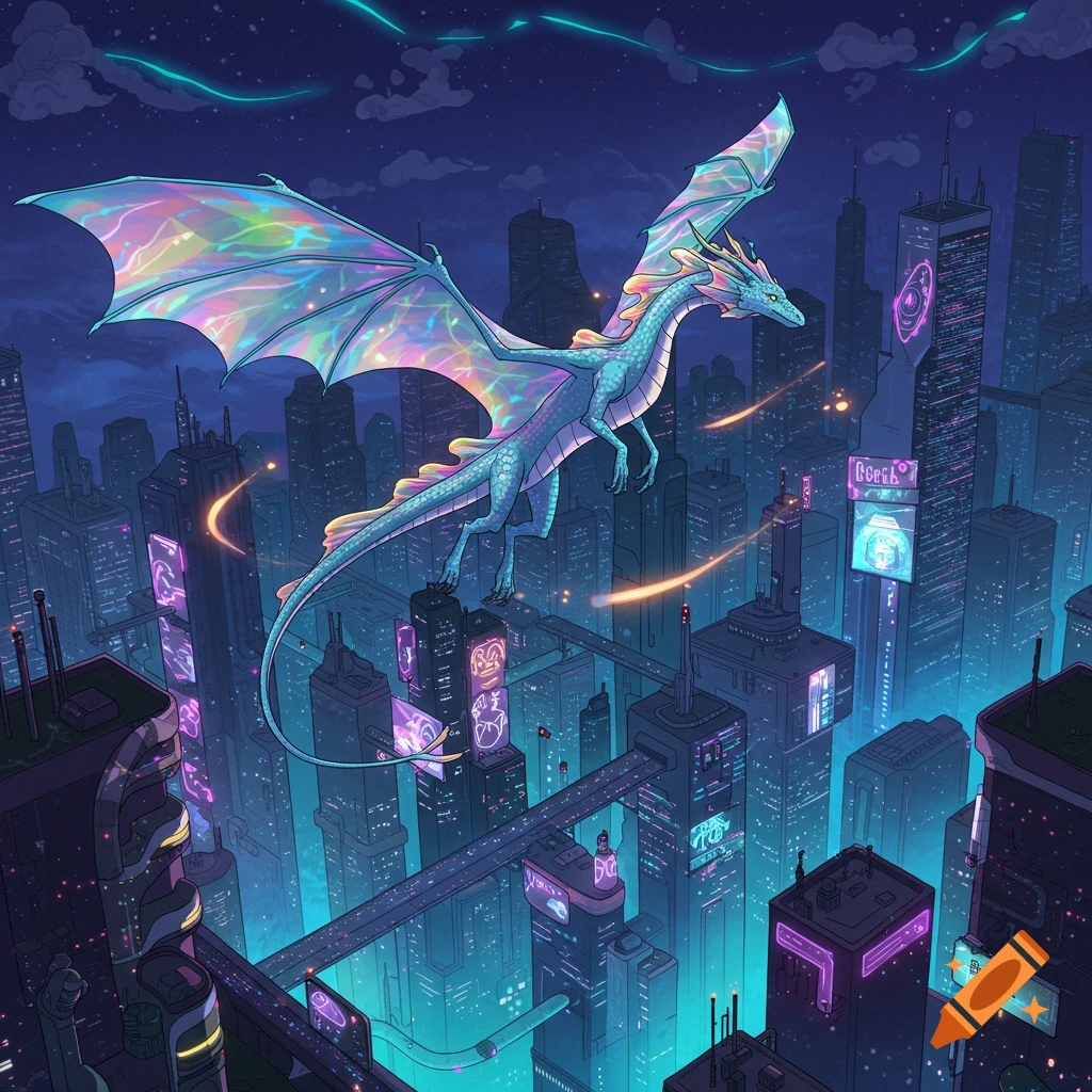 A large blue dragon with iridescent wings flies over a glowing futuristic city at night in a vibrant cartoon style.
