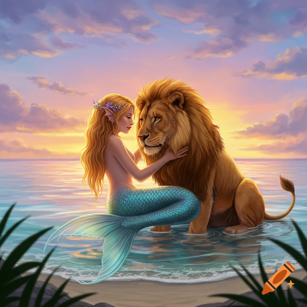 A blonde mermaid with a teal tail embraces a lion in the ocean at sunset, with a vibrant sky.