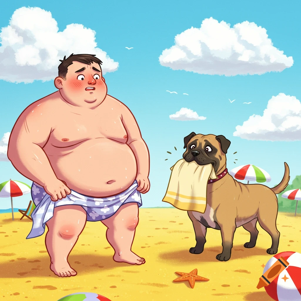 A cartoon illustration of a chubby man blushing on a beach as a Mastiff pulls down his towel.