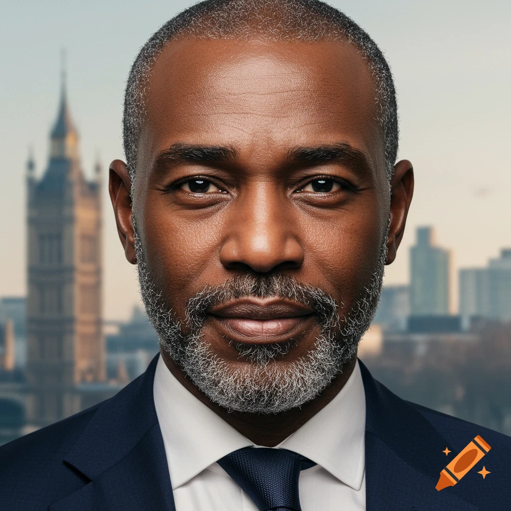 Close-up photorealistic portrait of a distinguished Black man in a suit against a blurred London cityscape.