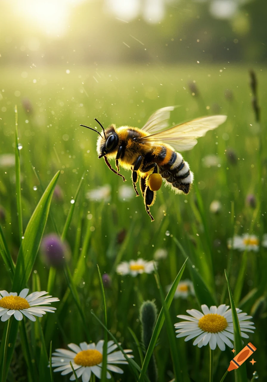 A photorealistic bee with pollen on its leg flies through a sunny, dew-kissed field of white daisies.