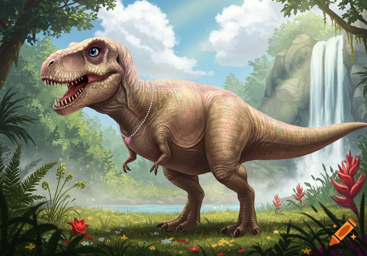 A stylized illustration of a T-Rex with blue eyes, eyelashes, and a pearl necklace with a heart pendant, standing in a lush jungle with a waterfall.